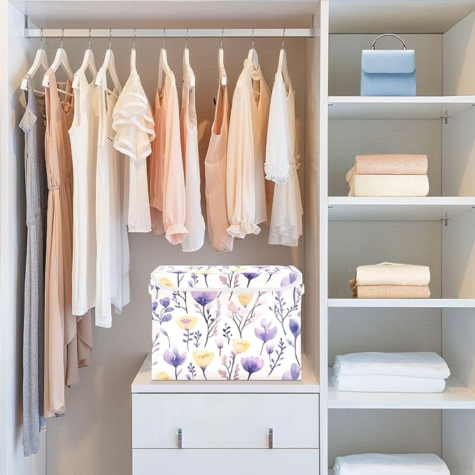 senya Large Storage Bins with Linen Collapsible Foldable Storage Cubes Fabric Closet Organizer Containers box with Flip-Top Lid for Home Bedroom Office 16.7 x 12.6 x 11.8in (Yellow Purple Flower)