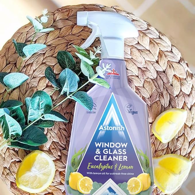 Astonish Streak Free Window & Glass Cleaner Spray Bottle With Vinegar For Deep Cleaning - Eucalyptus & Lemon Scented Home And Bathroom Cleaner - Vegan Cruelty Free Household Cleaning Supplies, 750ml