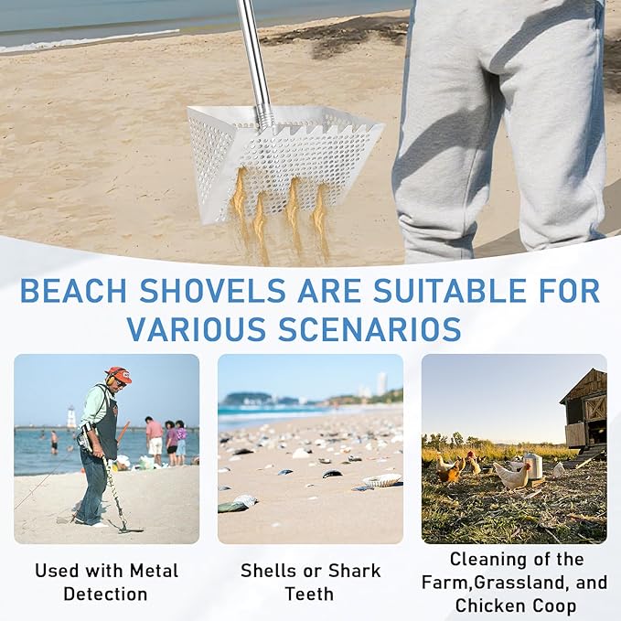 Sand Flea Rake, Long Handle Sand Sifter with 65-Inch Pole - Stainless Steel Shark Tooth Sifter, 13-Inch Wide Mesh Screen for Beach, Seaside Collecting of Fleas, Shark Teeth & Seashells