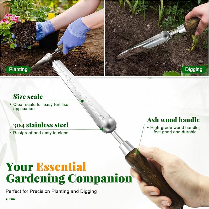 Narrow Stainless Steel Garden Trowel with Wood Handle - Heavy Duty Hand Shovel for Digging, Weeding, Planting & Transplanting, Sharp Garden Spade Tool for Tough Soil and Roots