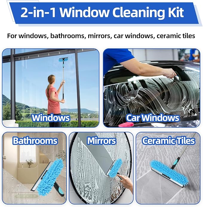 65'' Window Washing Kit with Extension Pole, 2-in-1 Window Cleaning Kit with Scrubber and Rotating Head, Window Cleaner Tool for Shower Rooms, Glass, Floors, Tiles, Walls, Car Windshields