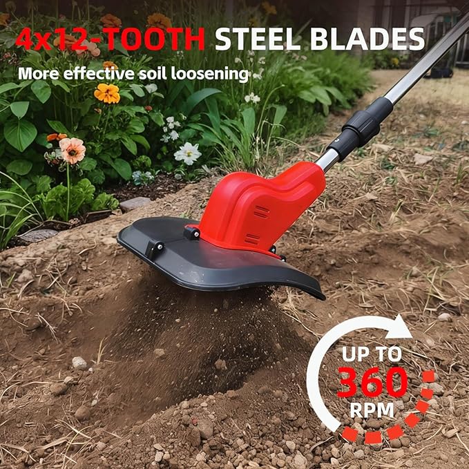 Cordless Tiller Cultivator, 360PRM Electric Garden Tiller, with 2X4.0Ah Batteries & LCD Display, 48 Steel Tines, 9" Tilling Width, 6.6" Depth, Battery Powered Rotary Tiller Lawn/Soil Cultivation
