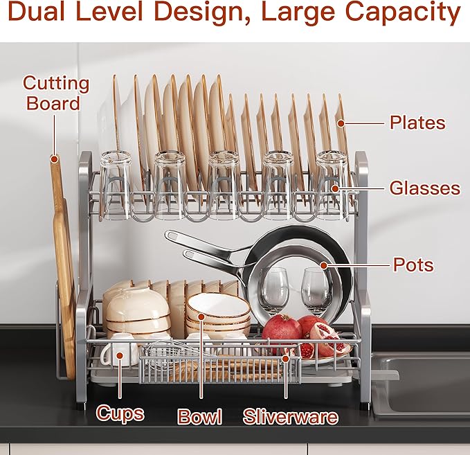 2 Tier Dish Drainer Drying Rack for Kitchen Counter Large Stainless Steel Dishes Drain with Drainboard Set, Space Saving, Big Modern Black Countertop Metal Plate Dryer Strainer Holder and Extra Tray