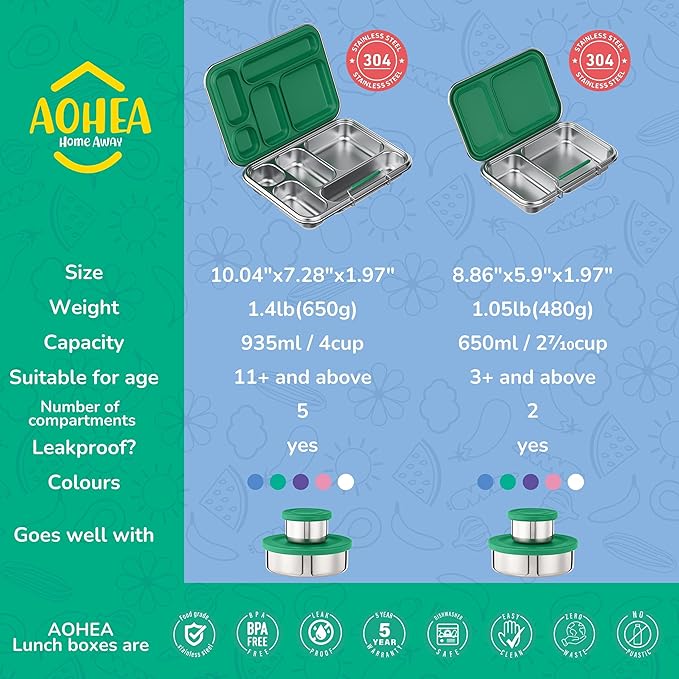 AOHEA Stainless Steel Bento Box Kids, Kids Metal Bento Lunch Box BPA Free Lunch Box Containers 304 Stainless Steel Bento Box for School and Office(Green)