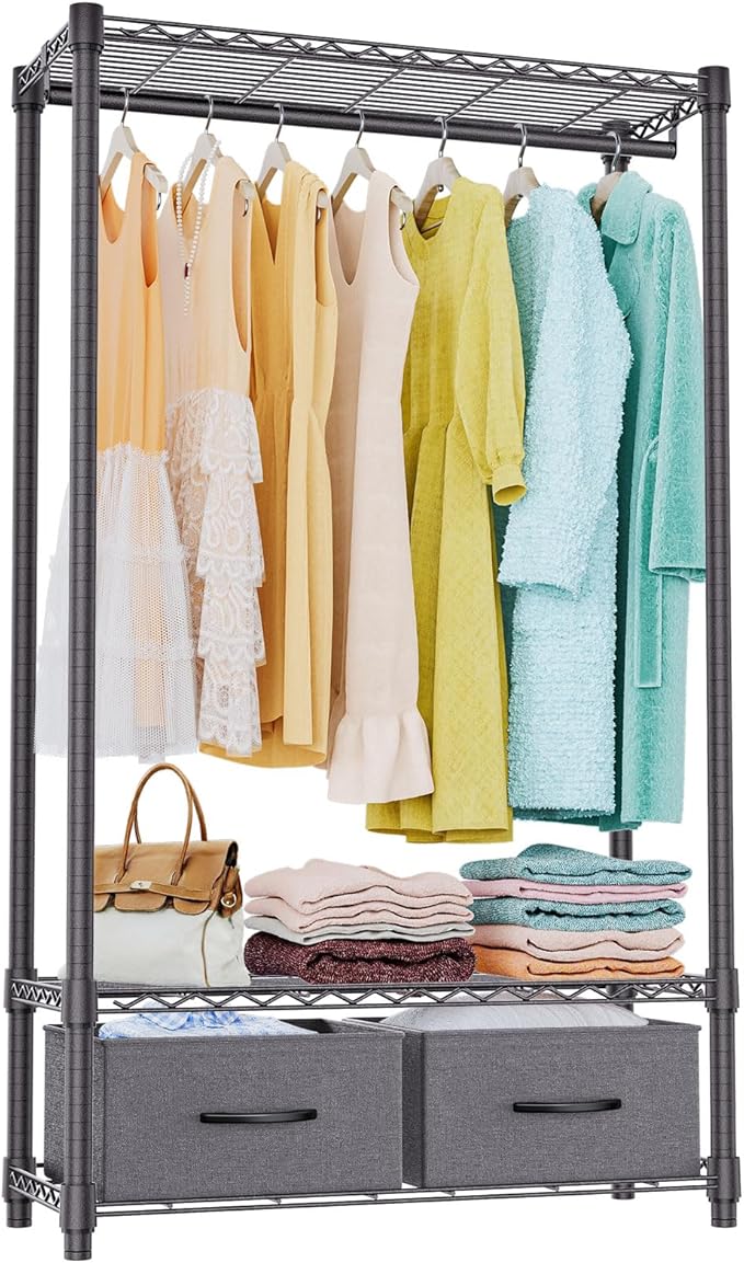 IZEUK Heavy Duty Rolling Garment Rack Wire Clothes Rack for Hanging Clothes (Dark Grey, 3 Tier with 2 box, 15.7" D x 35.5" W x 72.4" H)