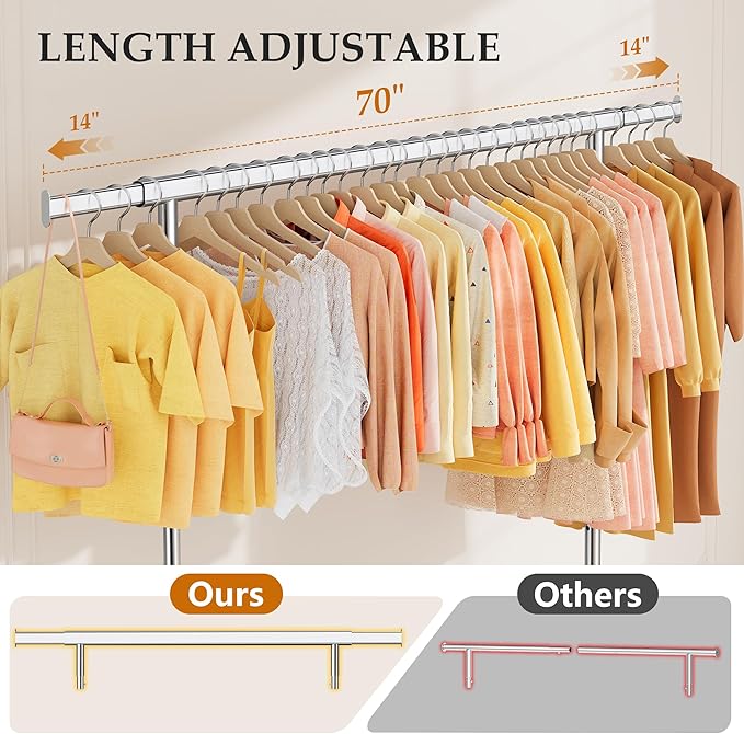 Gewudraw Heavy Duty Clothes Rack Load 630 lbs, Metal Rolling Clothing Rack With Sturdy Wheel And Shelves, Adjustable Portable Hanging Garment Rack For Clothes,Chrome Stainless Steel