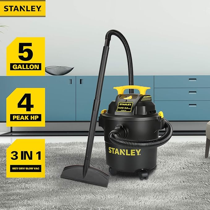 STANLEY Wet Dry Vacuum, 5 Gallon Shop Vac with Blower, 4 Peak HP 3 in 1 Power Suction Cleaner for Home, Jobsite, Garage, Basement, Shop Vacuum Wet and Dry for Car, Warehouse, Pet, Model: SL18115P