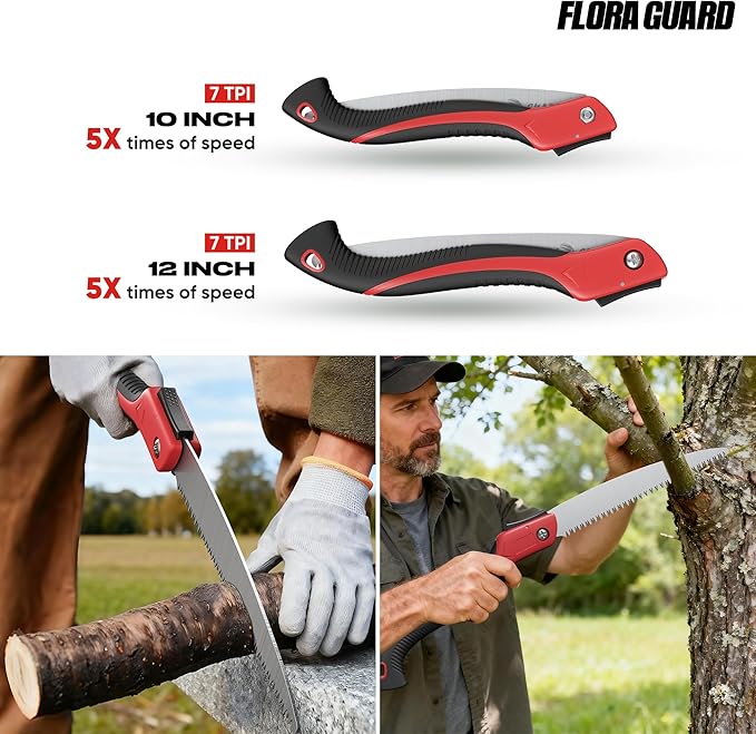 FLORA GUARD Folding Hand Saw, 10-Inch Folding Pruning Camping Heavy Duty Saw with Multi-Level Razer Teeth for Tree Trimming, Wood Cutting, Gardening Tools (Red-10")