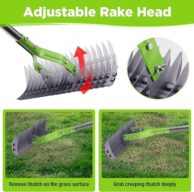WORKPRO Thatch Rake, 15-Inch Thatching Rake for Lawns, Heavy Duty Dethatcher Rakes with 5FT Handle, Dethatching Rakes with Adjustable Head for Removing Dead Grass and Clippings, Loosening Soil