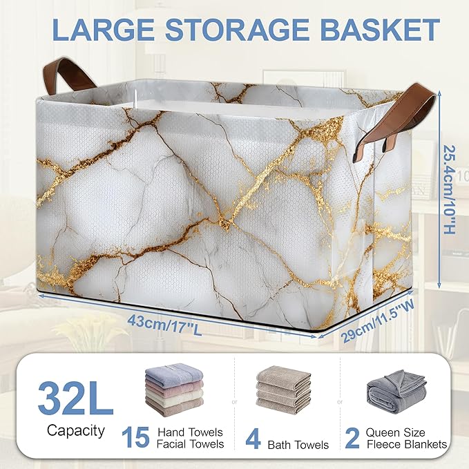 White Gold Marble Storage Baskets,Foldable Large Capacity Organizer Bins with Waterproof Lining and Leather Handles for Closet,Shelf,Bedroom 17x11.5x10Inch