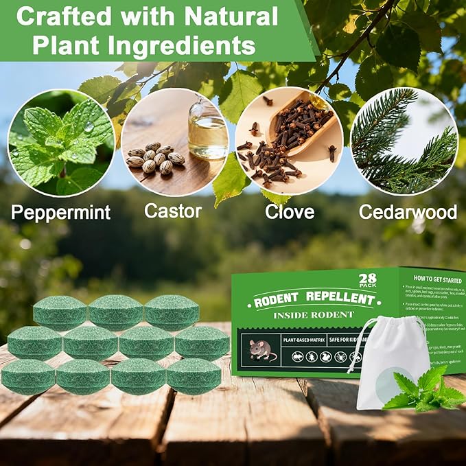 28 Pack Mouse Rodent Repellent, Safe for Kids and Pets, Effective Mouse Control for Home, Garage, Basement, Garden and Storage Areas
