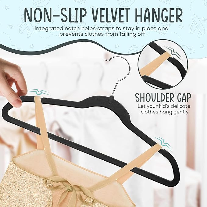 TechZoo 50 Premium Kids Velvet Hangers - 14" Non-Slip Clothes Hangers for Kids & Preteens - Ultra Slim, Space-Saving, Strong & Durable Hangers with 360° Swivel Hook - Black