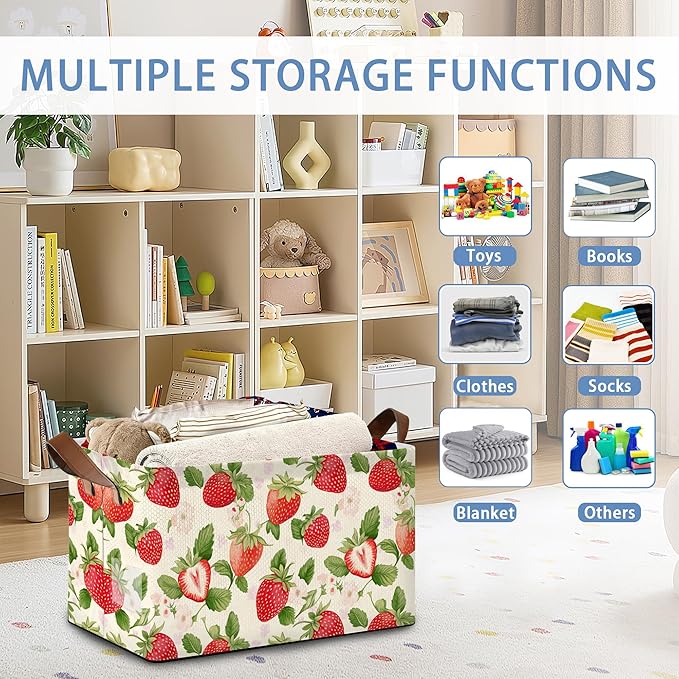 Strawberry Storage Baskets,Leaves Foldable Large Capacity Organizer Bins with Waterproof Lining and Leather Handles for Closet,Shelf,Bedroom 17x11.5x10Inch