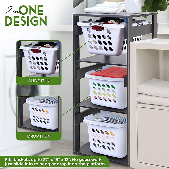 Laundry Basket Holder Shelf (3-Tier) - Stackable Engineered Wood Laundry Tower, Tiered Laundry Hamper Organizer for Bathroom, Bedroom, Laundry Room