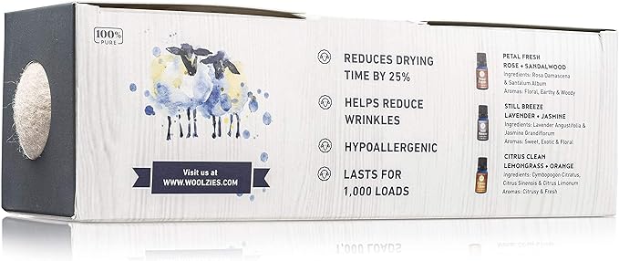 Woolzies Wool Dryer Balls 3 XL Laundry Balls for Dryer Made with New Zealand Wool & Laundry Collection Essential Oil Set, Includes Ptael Fresh, Still Breeze, Citrus Clean