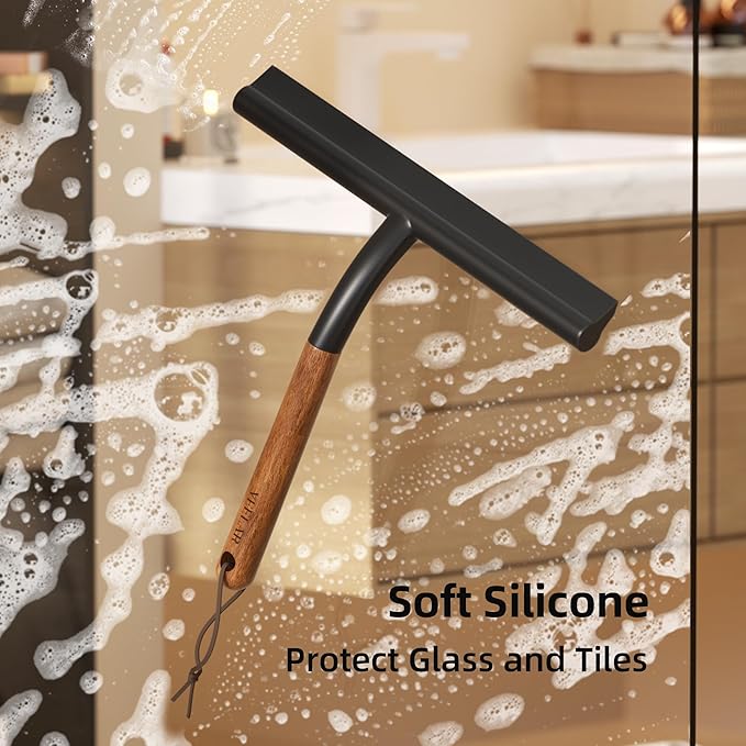 Shower Squeegee for Shower Glass, Bathroom Glass Cleaning Tool with Hook Mount, Squeegee for Glass Doors, Window Cleaning, Tile Shower Walls (Black+Wood)