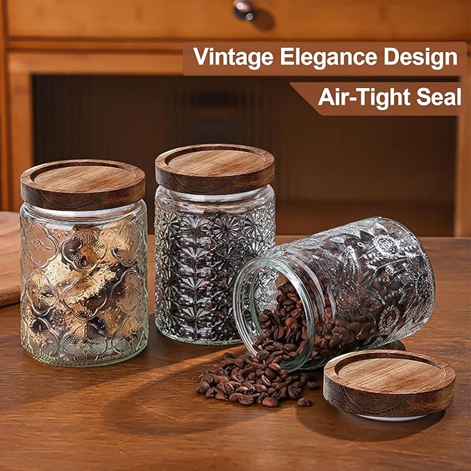2-Pack 34 OZ Vintage Glass Jar with Lid, Airtight Food Storage Canisters with Bamboo for Kitchen Counter Pantry, Ideal for Coffee, Candy, Tea, Oats, Sugar, Cookies Decorative Jars