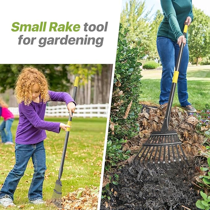 Rake for Leaves, Small Leaf Rake for Garden, 70-inch Adjustable Metal Rakes-Tool with 11 Steel Tines for Gardening, Yard, Shrub, Flower Beds, Lawns
