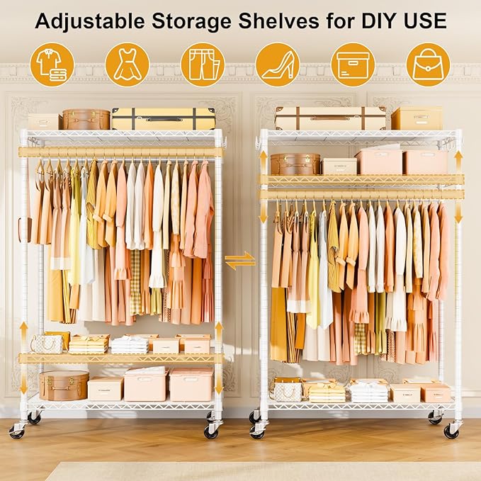 ULIFHOME P7 Rolling Clothes Rack, Clothing Racks for Hanging Clothes, Heavy Duty Garment Rack with Wheels, 3 Tiers Freestanding Portable Closet Rack 45''W × 20.5''D × 80.5''H, Max Load 480 lbs, White