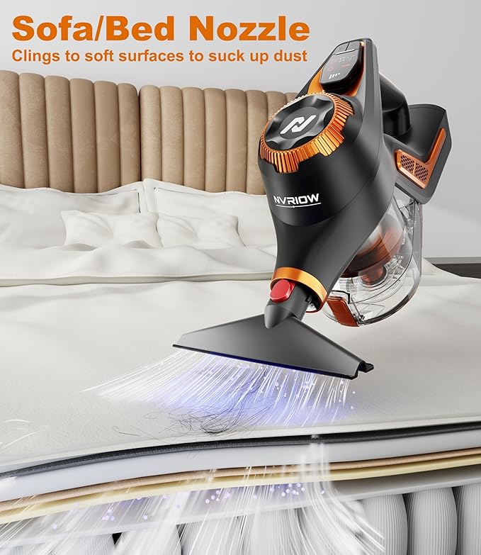 Nvriow Cordless Vacuum Cleaner for Home, 45Kpa Stick Vacuum, Max 80mins Runtime, 1.5L Dust Cup, Rechargeable Lightweight Handheld Vacuum for Carpet/Hardwood Floor/Pet Hair/Car (Sunset Orange)