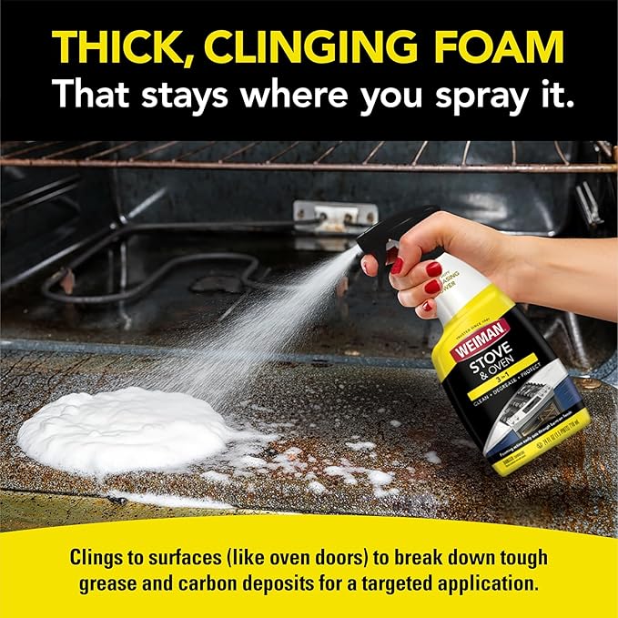 Weiman Heavy Duty Stove and Oven Cleaner 3 Piece Total Clean Kit, For Baked on Grease, Grime, Carbonized Food, Includes Foaming Cleaner (24oz), Precision Razor Tool, Dual-Action Scrub & Shine Sponge