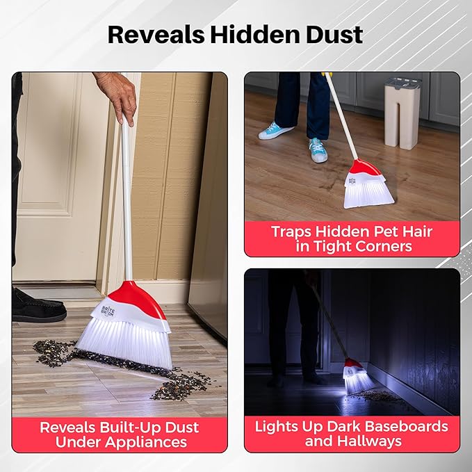 Indoor Broom with LED Lights | Angle Broom for Dark Corners & Low Light Areas | Soft Bristle, Adjustable Long Handle | Floor Sweeper for Kitchen, Room, Office & Garage (White)