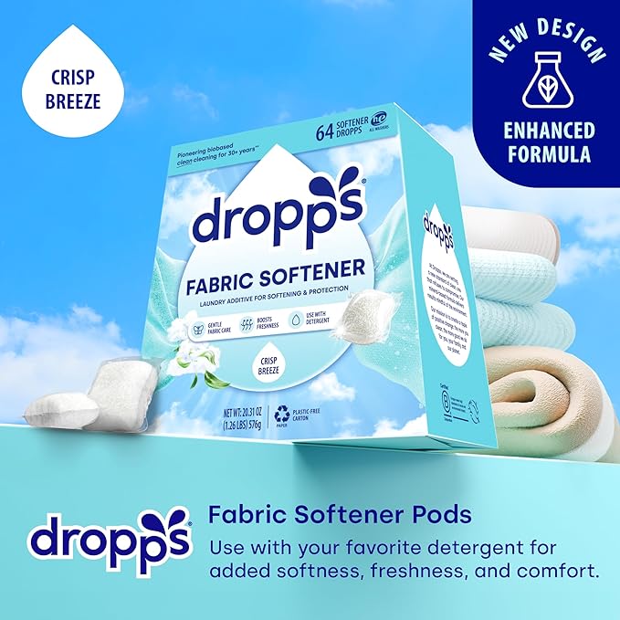 Dropps Fabric Softener Pods, Crisp Breeze (64 Count) - Laundry Softener For Soft & Fluffy Fabrics | Liquid Softener & Dryer Sheet Alternative | Clean Ingredients | Plastic Free Packaging