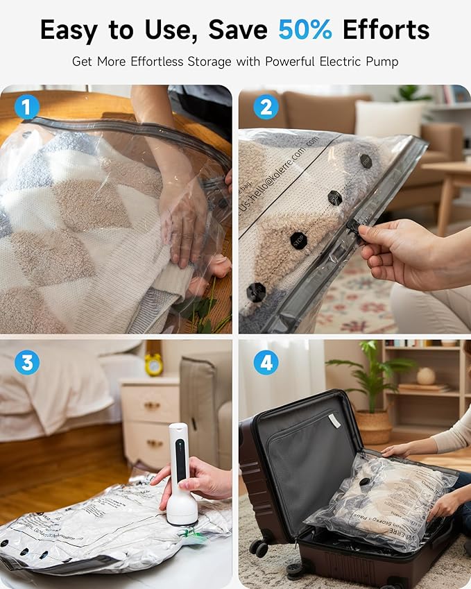 Travel Vacuum Bags with 2026 Lastest Wireless Pump, 8 Pack-4 Sizes Space Saver Vacuum Storage Bags for Luggage and Suitcase, Compression Bags for Packing, Vacuum Seal Bags for Clothing Travel