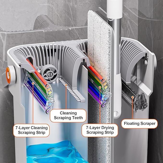 Mop and Bucket Set, Flat Mop and Bucket System, Mop Bucket with Wringer, Wall Mop with Adjustable Handle (Max 61 Inches), 5 Washable Microfiber Mop Pads