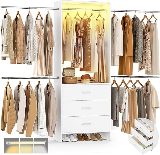Aheaplus Closet System with Motion-Sensing Light, 3 Wooden Drawers and 4 Hanging Rods, Customizable Walk-in Closet Organizer with 3CCT LED, Heavy Duty Garment Rack for Bedroom, White