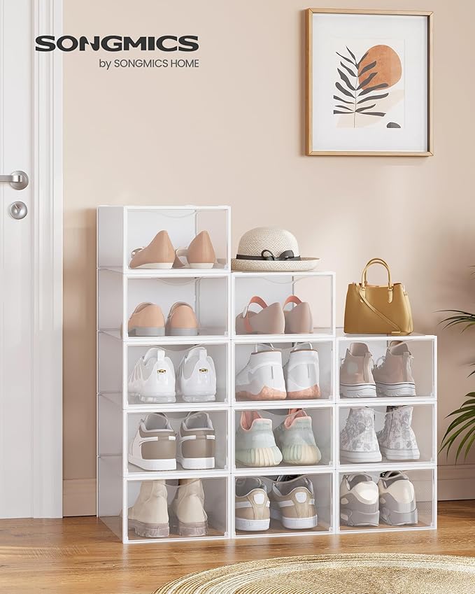 SONGMICS Shoe Boxes, Shoe Storage Organizers Rack for Closet, Plastic Stackable Sneaker Containers Case, 12 Pack, Transparent and Cloud White ULSP312W01