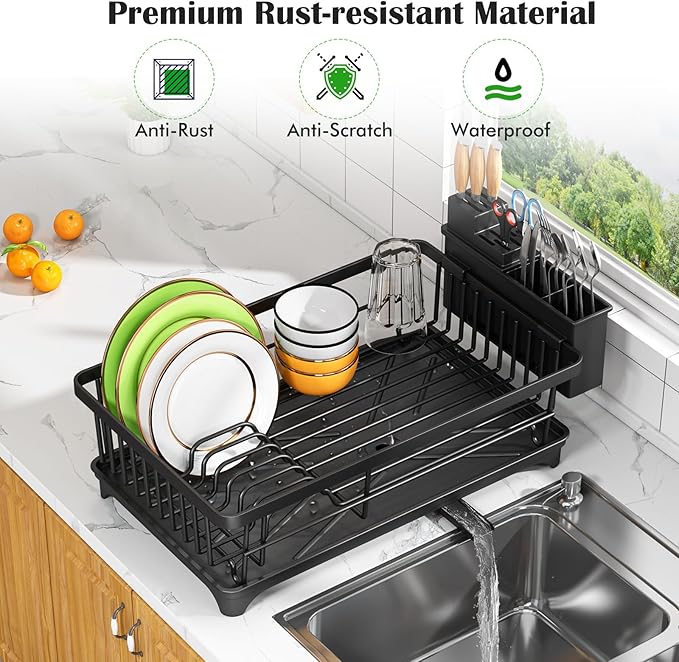 Kmiectse Dish Drying Rack - Space-Saving Small Dish Rack for Kitchen Counter, Rust-Resistant Kitchen Drying Rack, Compact Dish Drainer Organizer with Utensil Holder for Home Kitchen, Black