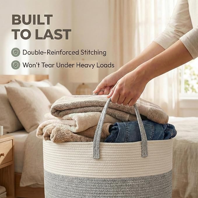 JMvicyroam 115L Extra Large Blanket Basket for Living Room - Woven Cotton Rope Laundry Hamper with Reinforced Handles - Storage Bin for Pillows, Comforters & Toys - Machine Washable,White&Grey