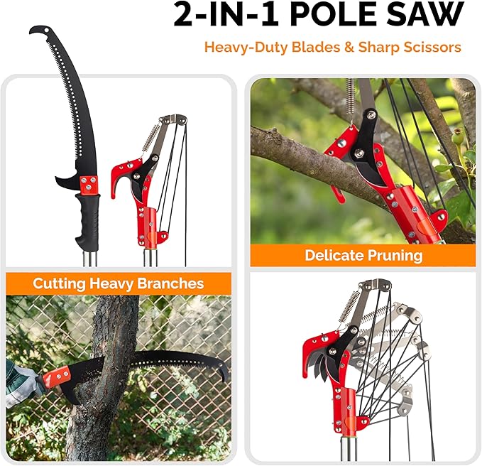 VINGLI 30ft Manual Pole Saws for Tree Trimming, Extendable Tree Trimmers Long Handle Pruner, Sharp Steel Blade and Scissors with Lightweight 9 Fiberglass Handles for Pruning Palms and Shrubs