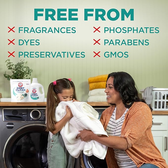 ARM & HAMMER Deep Clean Free & Clear Liquid Laundry Detergent, Free of Dyes, Perfumes and Phosphates, Suitable for Sensitive Skin, Dermatologist Tested, 102 Fl Oz, 68 Loads, (Pack of 2)