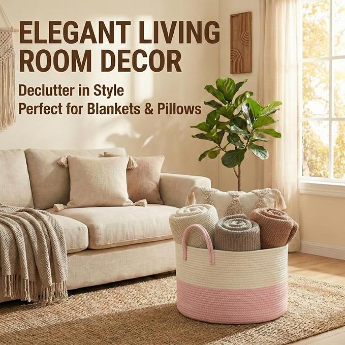 JMvicyroam 65L Extra Large Blanket Basket for Living Room - Woven Cotton Rope Laundry Hamper with Reinforced Handles - Storage Bin for Pillows, Comforters & Toys - Machine Washable,White&Pink