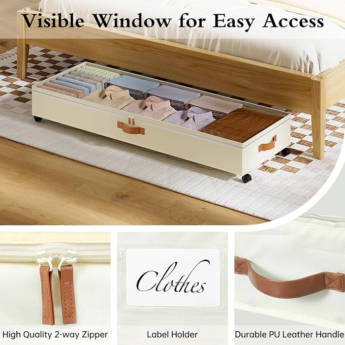 Yecaye Under Bed Storage with Wheels, 2 Pack Under Bed Storage Containers with Adjustable Dividers & Clear Window, 85L Rolling Underbed Organizer Bins Drawers for Clothes, Shoes, Blankets Toys, Beige