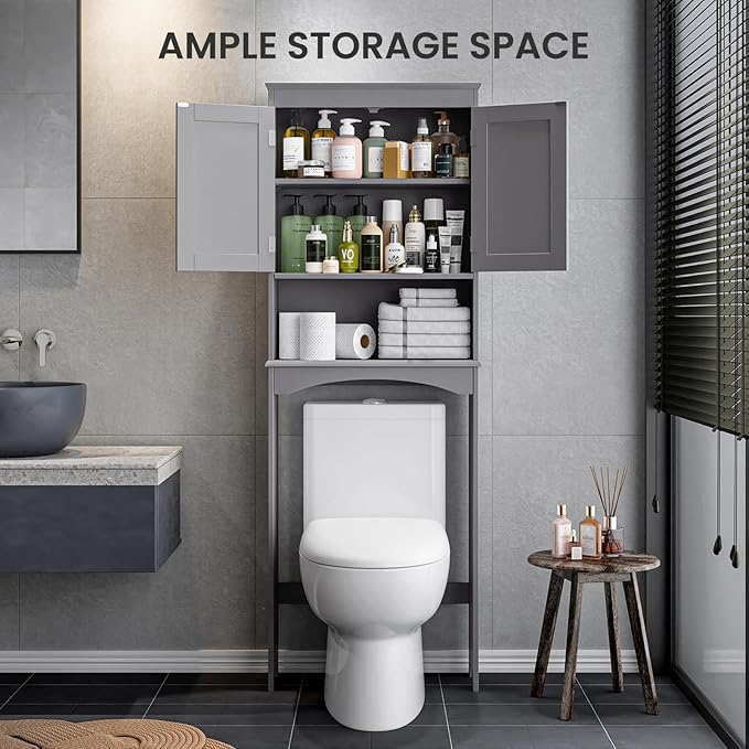 Bealife Over The Toilet Storage Cabinet with Open Shelf, Organizer with Adjustable Shelf and Double Doors,Over The Toilet Storage Shelf Free Standing (Grey)
