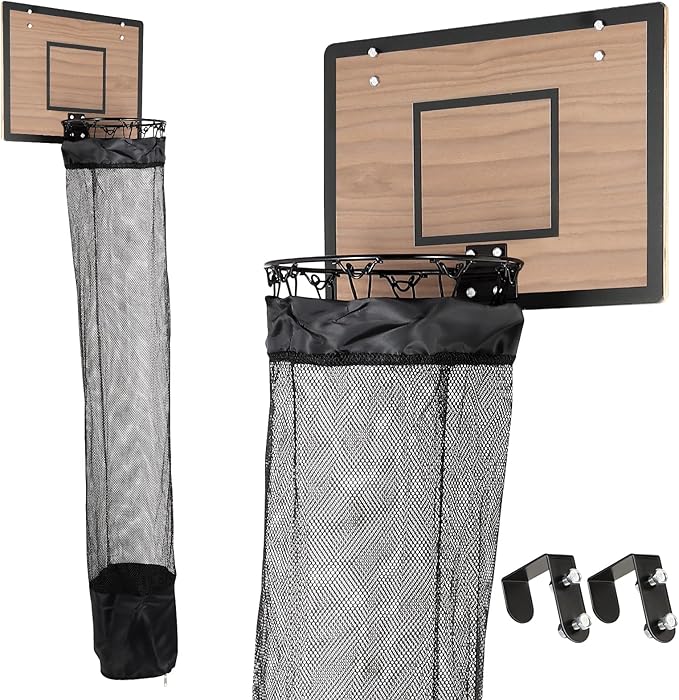 Over the Door Basketball Hoop Laundry Basket ,Wooden Basketball Laundry Hamper with Zipper for Kids Room,Dorm Rooms,Bathroom,Saving Space Storage and Organization (Walnut)