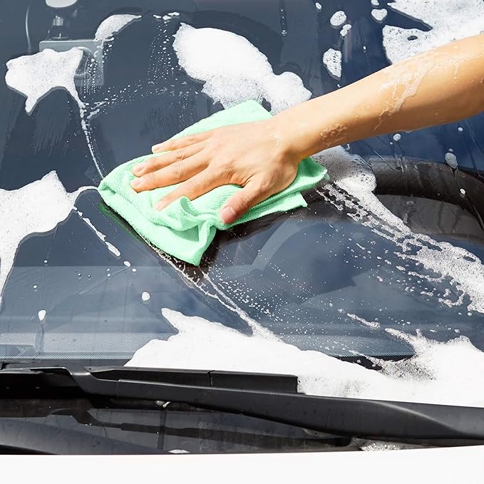 Amazon Basics Microfiber Cleaning Cloths, Ultra-Soft and Highly Absorbent, Streak-Free, Lint-Free, Scratch-Free, Washable, for Car Detailing and Glass Cleaning, 16" x 12", Green/Gray/Pink, 24-Pack