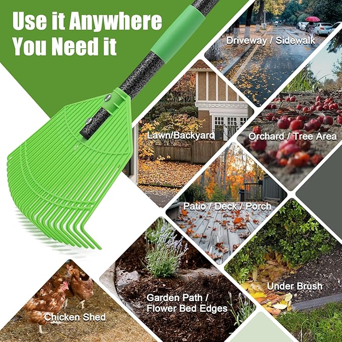 Lightweight Plastic Leaf Rake for Lawns - 16.5'' Wide Garden Rake for Leaves,Gentle on Lawn,65'' Adjustable for Women Seniors Kids,Outdoor Yard Rakes for Sweep Leaves,Grass, Pine Needle