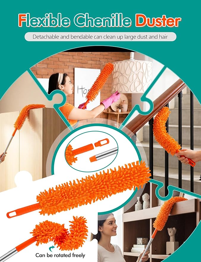 Ceiling Fan Cleaner Duster with 76" Extendable Long Handle,180° Wall Mop Cleaner for Walls/Ceiling Fans/Dust/Baseboards/Floors/Blade Blinds/dDoors Clean,Feather Duster Cleaning Kit