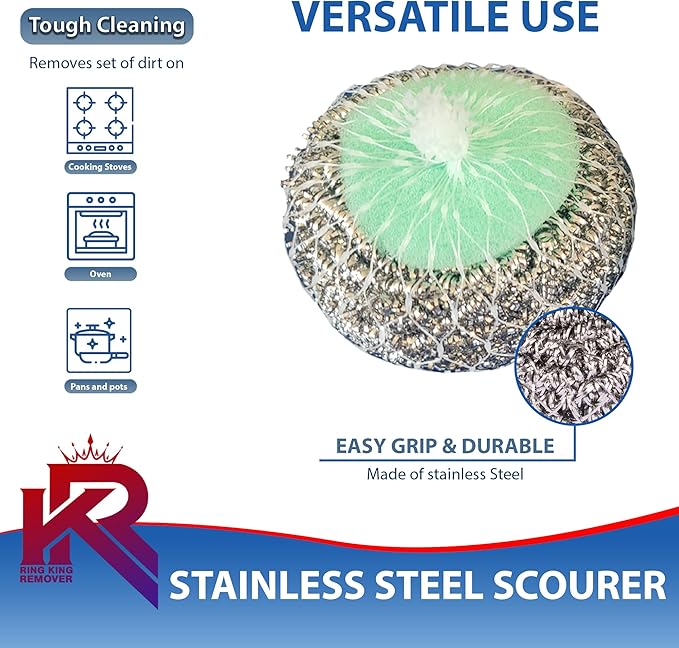 Amazon Brand | Pack of 4 | Ring King Stainless Steel-Wrapped Sponge Scrubbers | Heavy Duty Scouring Pads - Individually Wrapped for Dishes Pots, Pans, and Ovens