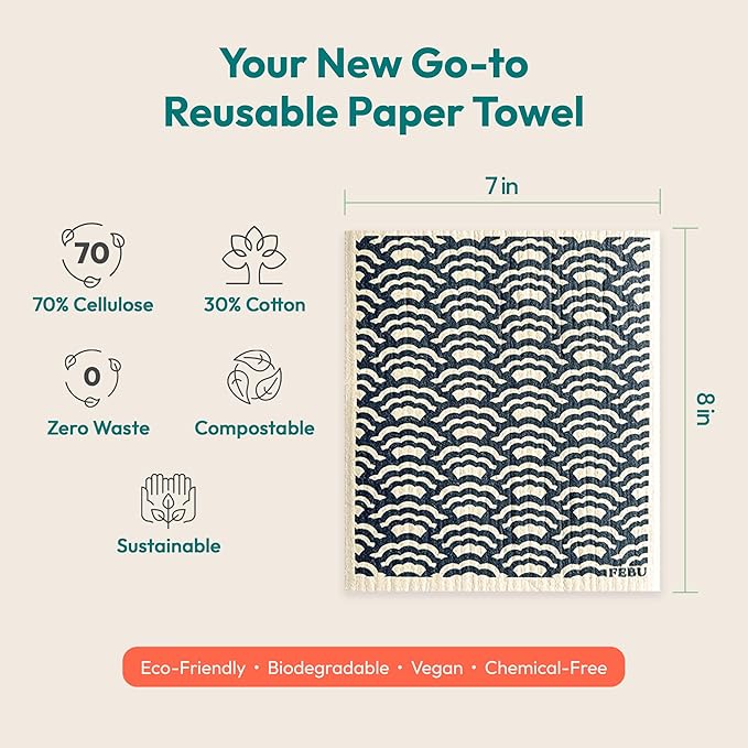 FEBU Swedish Dishcloths for Kitchen | 5 Pack Fruit Pattern Reusable Paper Towels Washable | Swedish Dish Towels | Non-Scratch Cellulose Sponge Cloths | No Odor, Biodegradable Cleaning Cloths