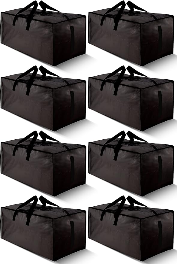 HOMESURE 8 Pack Large Strong Bags with Zippers & Carrying Handles - Water-Resistant - Heavy Duty Storage Tote for Space Saving, Fold Flat, Alternative to Moving Box (Black)