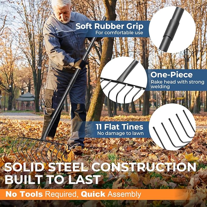 85" Adjustable Rake with 16" Wide Lightweight L-Shaped Head - No-Bend Gardening Tool for Hay, Leaves, and Mulch - Comfortable Metal Rake to Prevent Back Pain