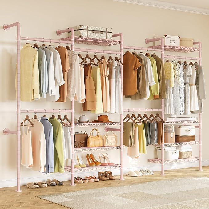 ONBRILL H4 Wall Mounted Closet System, Expandable Industrial Pipe Clothes Rack Clothing Rack for Hanging Clothes, Heavy Duty Closet Organizers and Storage in Wardrobe Closet