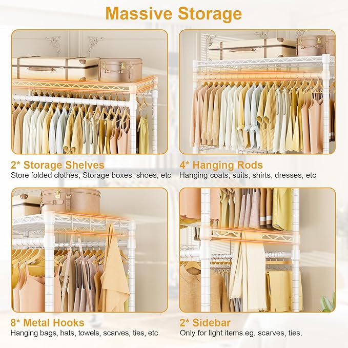 ULIFHOME P4 Plus Rolling Clothes Rack Heavy Duty, Clothing Racks for Hanging Clothes, Free Standing Garment Racks with Wheels, Portable Closet Rack 45''W × 20.5''D × 80.5''H, Max Load 570 Lbs, White