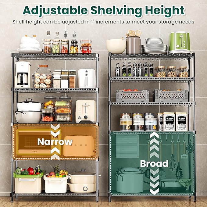 5-Tier Storage Shelves 72" H Wire Shelving, Adjustable Metal Shelving Pantry Shelves, 1325LBS Heavy Duty Rack with Shelf Liners for Garage Commercial Kitchen, 36" W x 14" D x 72" H, Black