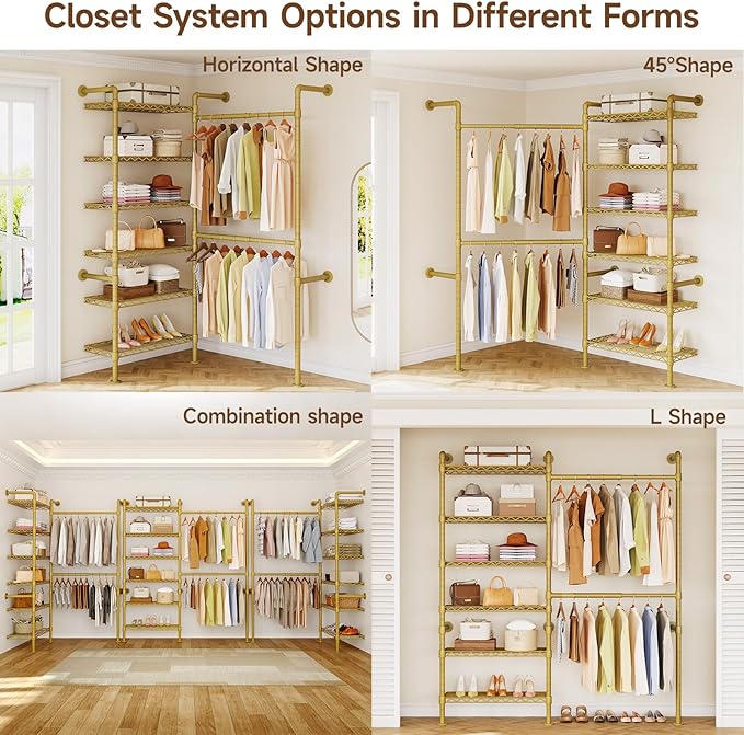 ONBRILL H2 Wall Mounted Clothing Rack, Expandable Industrial Pipe Clothes Rack Garment Racks for Hanging Clothes, Heavy Duty Closet Organizers and Storage in Closet System, Gold